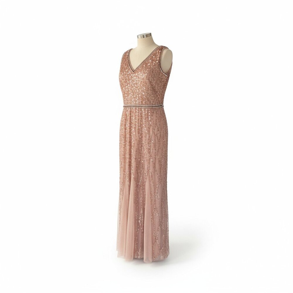 Adrianna Papell Platinum Rose Gold Sequin Gown Size 12